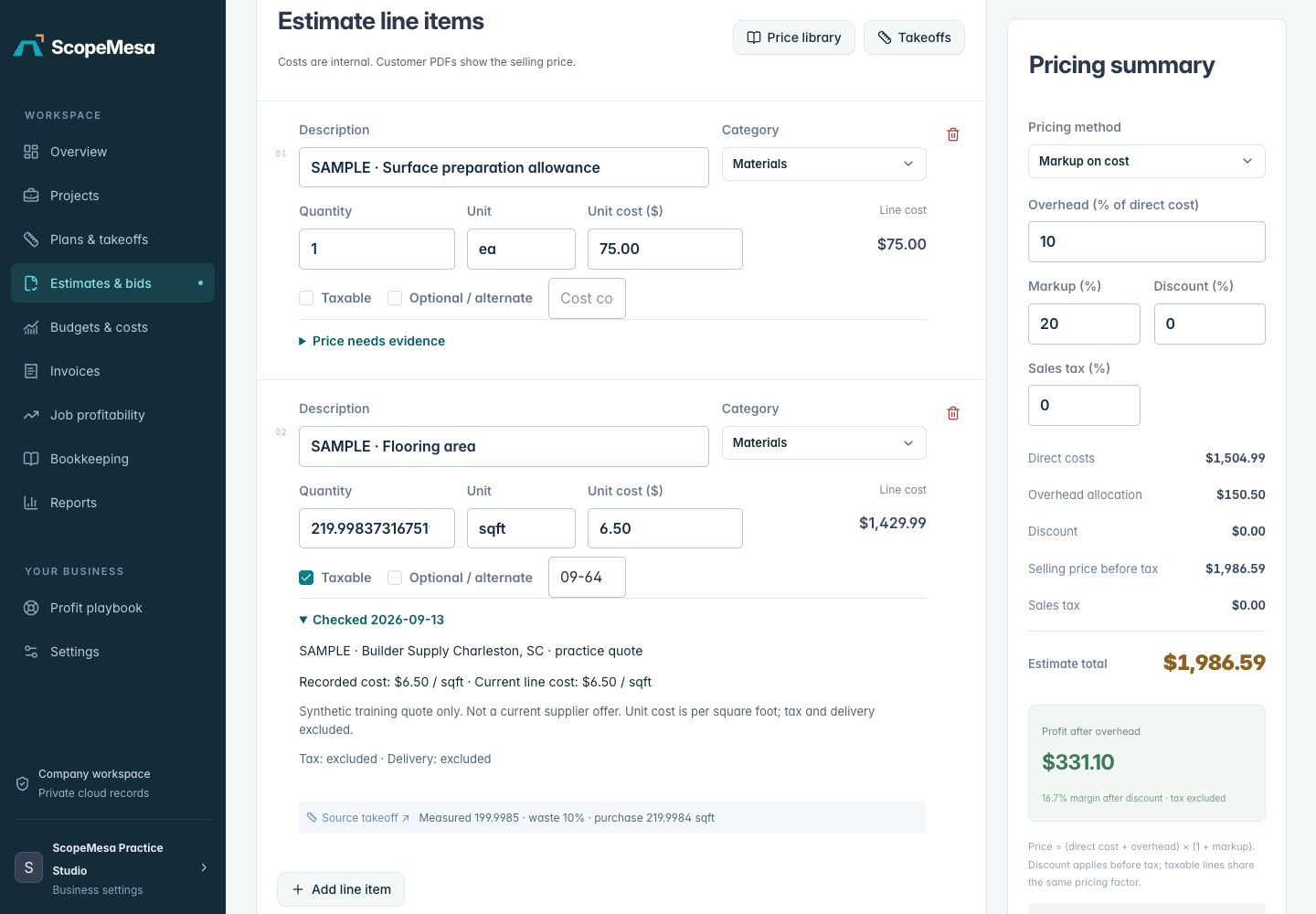Review the bid in ScopeMesa, using a practice project